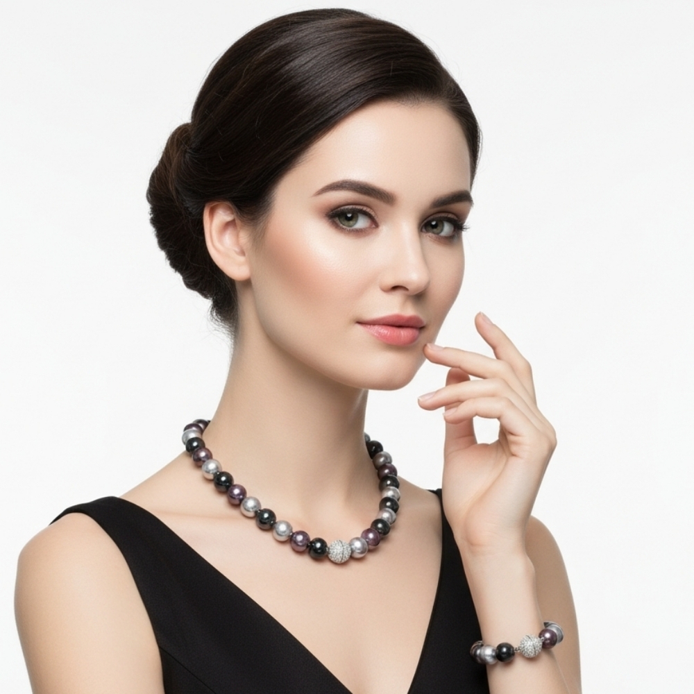 Faux Pearl Beaded Necklace Bracelet Set Gray Black Rhinestone Accent